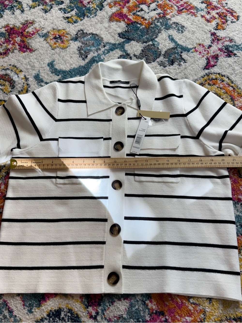 NWT T Tahari White & Black Striped Buttoned Knit Top - Picture 3 of 7